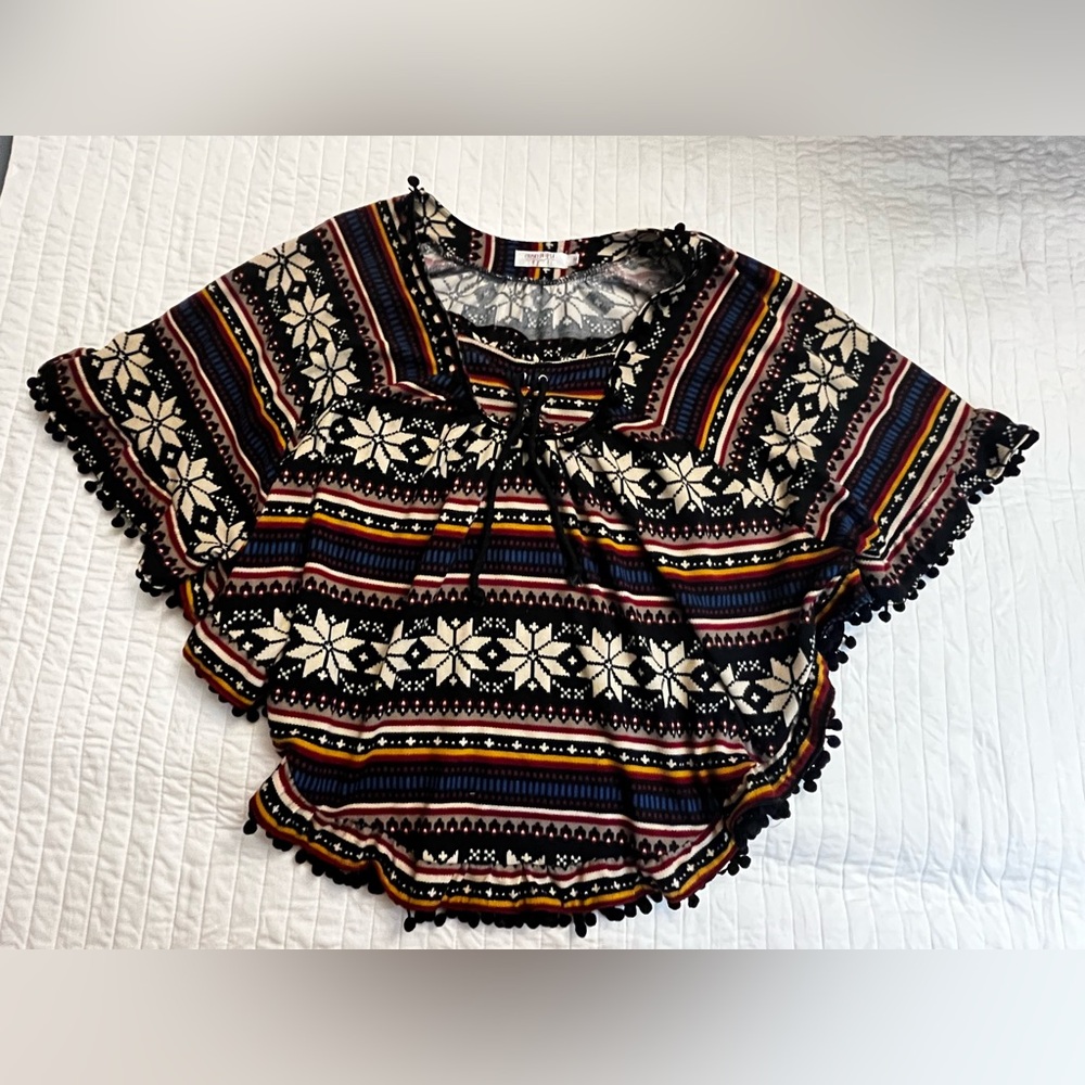FUNKY PEOPLE Poncho Style Pom Pom Ball Fringe